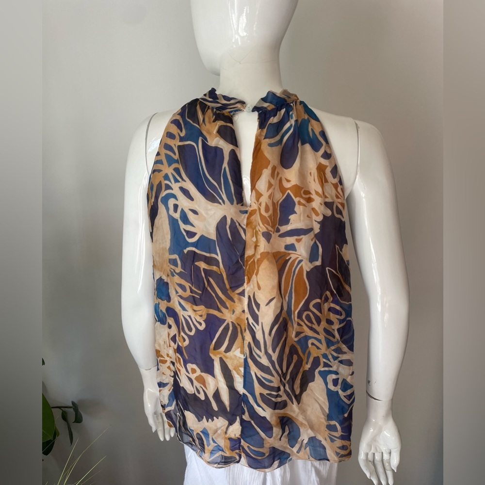 bellambra silk blend made in italy Floral Halter Neck Women Top - Blue and Brown - Picture 3 of 8
